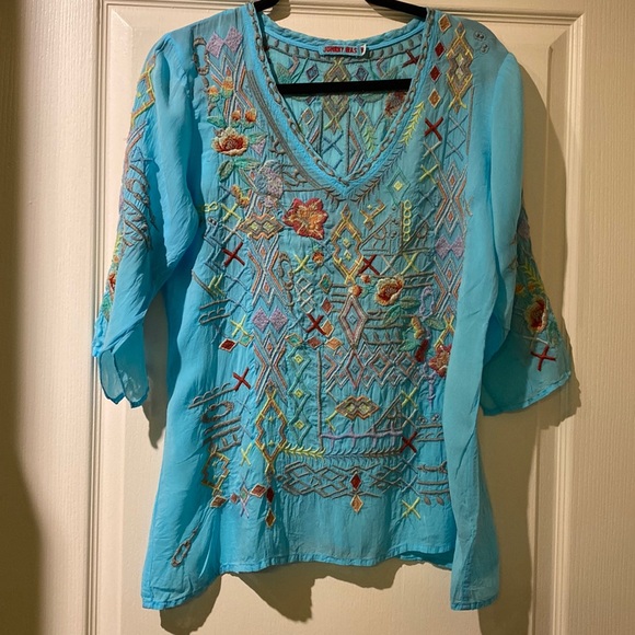Johnny Was Tops - JOHNNY WAS Blue Embroidered Tunic